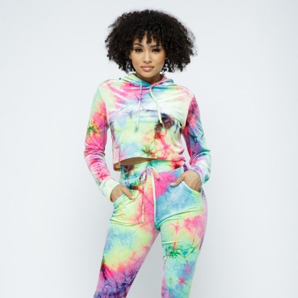 Women's Tie Dye Long Sleeve Crop Hoodie Elastic Waist Leggings -2 Piece Set - Picture 1 of 7
